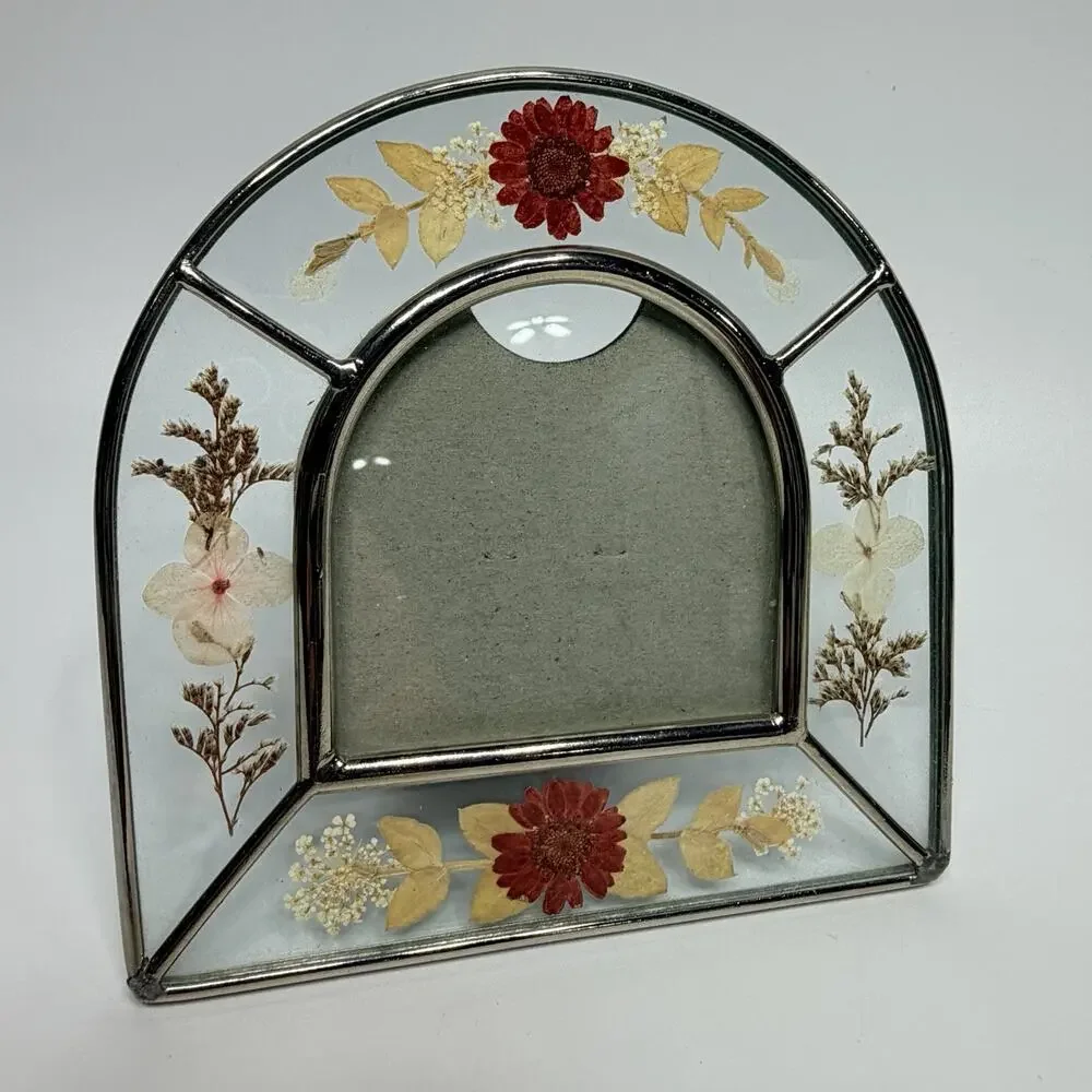 Vtg Metal Glass Pressed Dried Flowers Picture Frame Pink Red Beige Arch 5.5